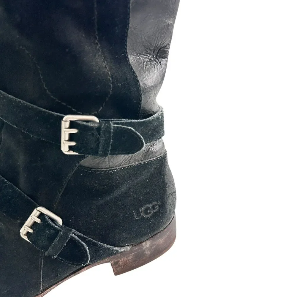 Ugg Cyndee knee high boots 9.5 Black Leather Buckle Sheepskin Shearling
